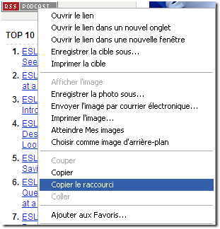 Menu copier le raccourci