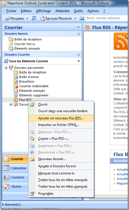 Ajouter un nouveau flux RSS dans Outlook 2007