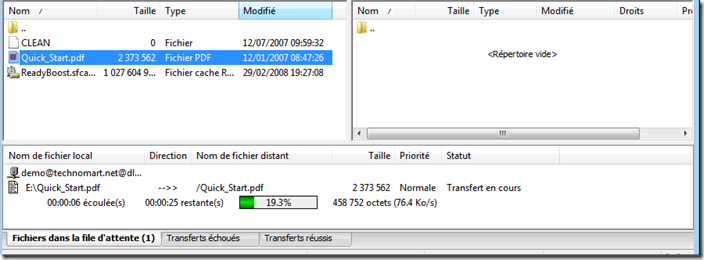 Transfert FTP en cours : barre de progression