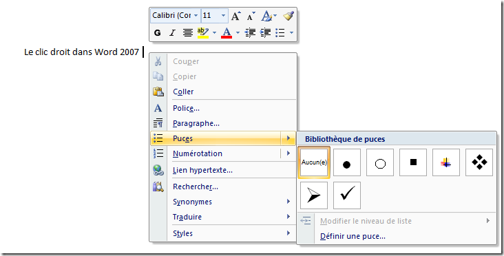 Clic droit dans Word 2007