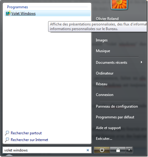 Volet Windows dans le menu démarrer