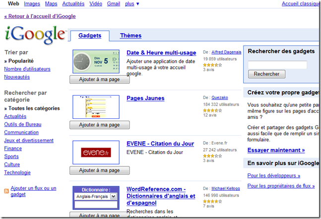 Page de choix des modules de iGoogle