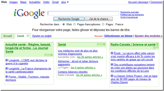 Nouvel onglet Santé dans iGoogle