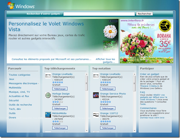 Site Internet proposant des gadgets pour le volet Windows Vista