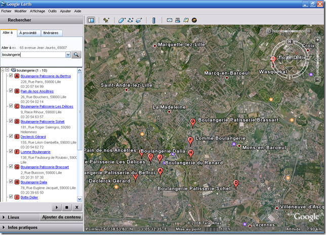 Boulangeries sur Lille avec Google Earth